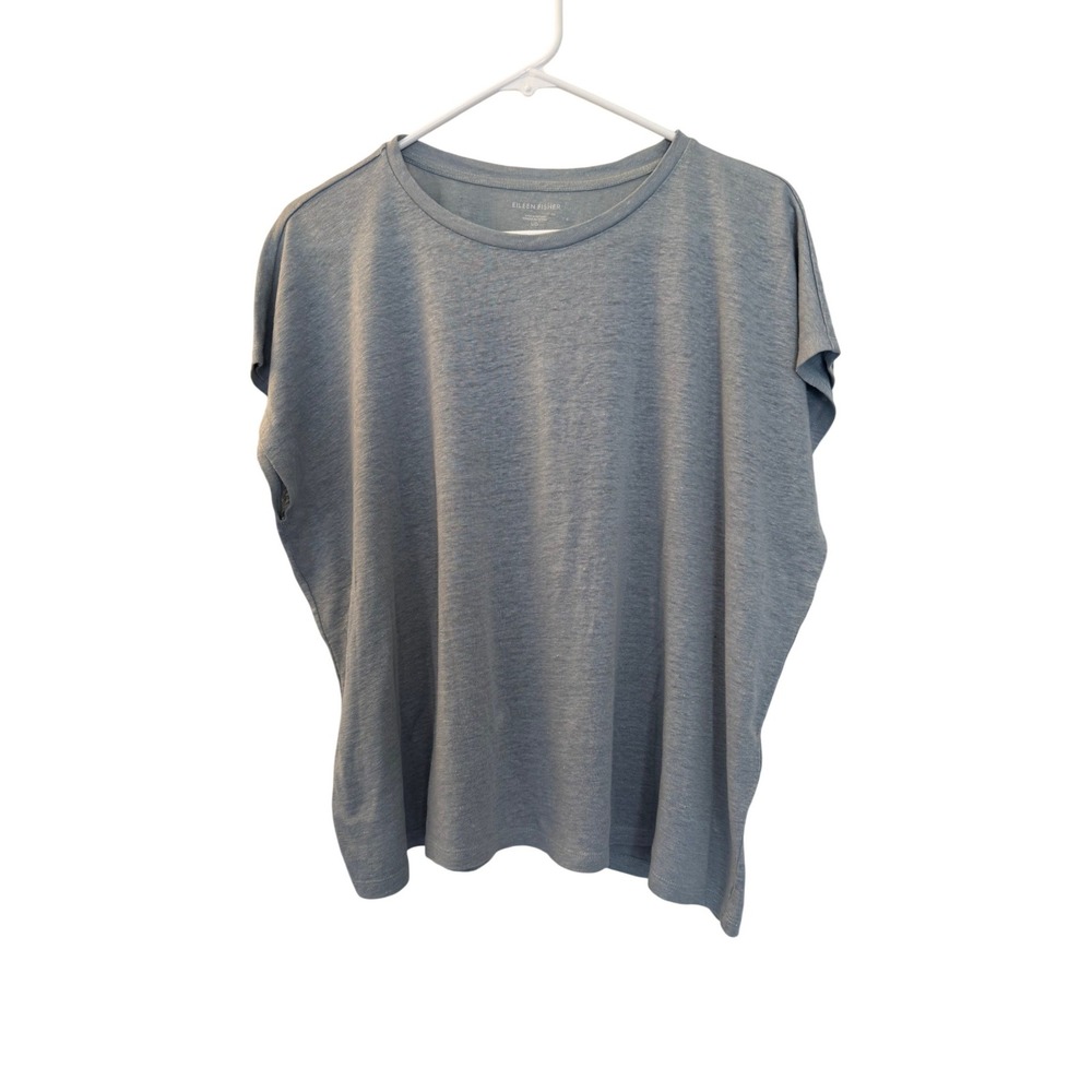 Eileen Fisher 100% Organic Linen Jersey Boxy Top Blue Gray Crew Neck Large